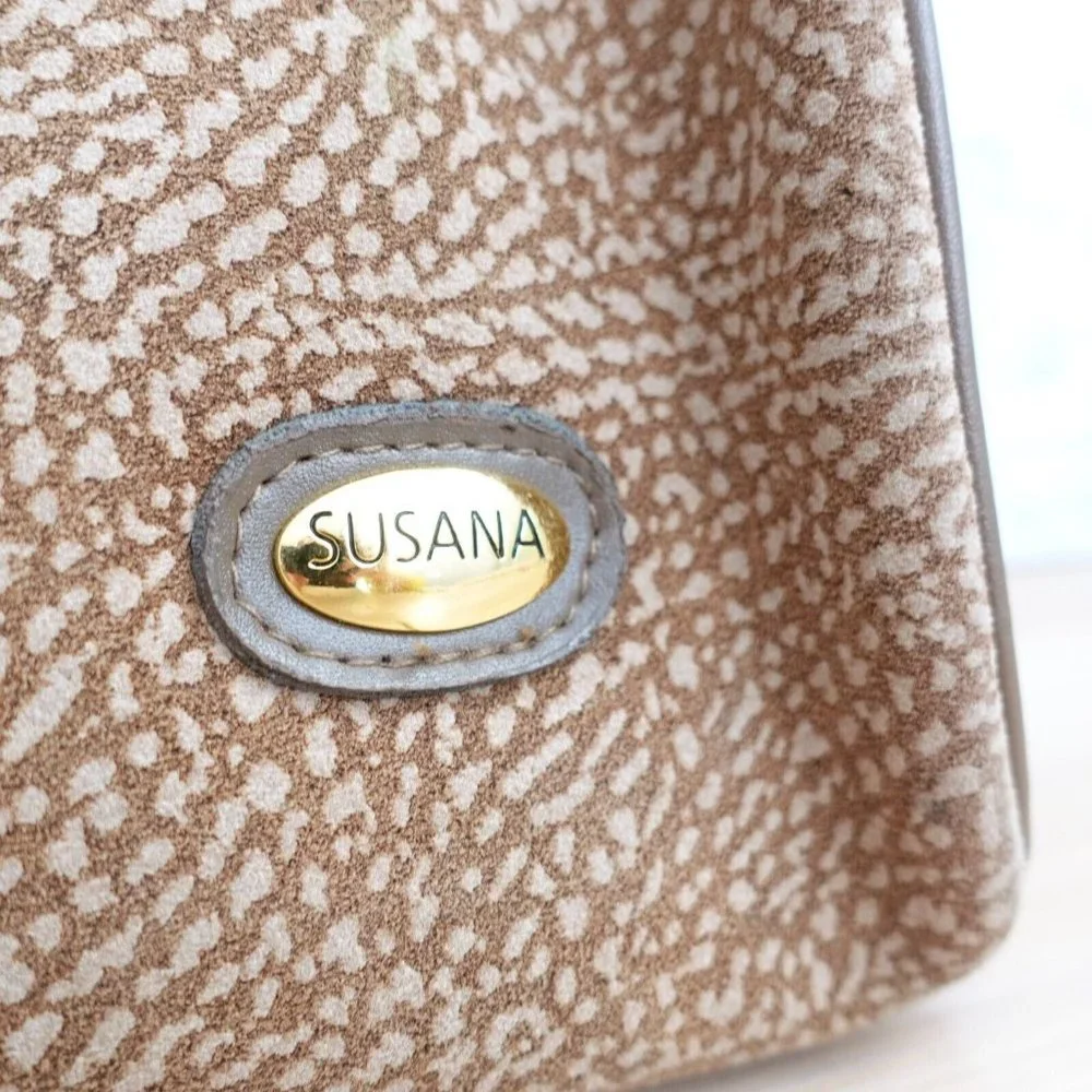 VINTAGE Brown‎ Quail Print Handbag Leather Partridge Eye Japanese SUSANA JAPAN